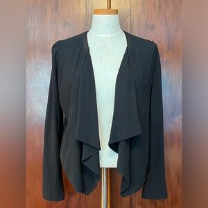 Eileen Fisher silk open front jacket with leather trim at neckline.